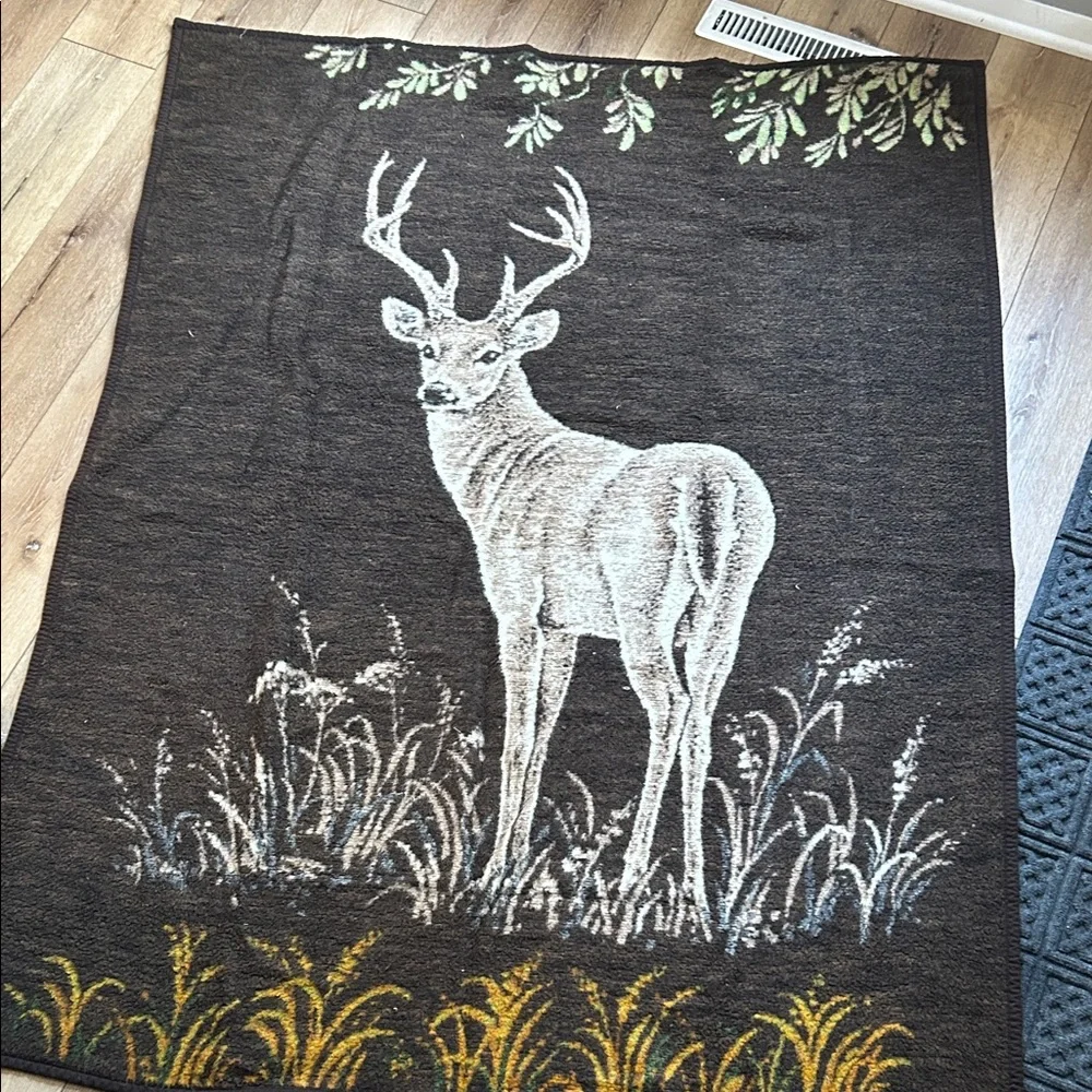 Vintage Biederlack Deer Buck Reversible Blanket  Cabincore Germany 69”x53”